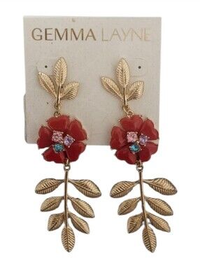 Gemma Layne Red Flower Gold Leaf Statement Drop Dangle Earrings NWT